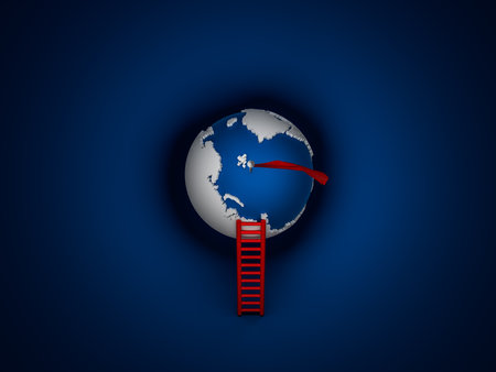 The globe and flag represent the words victory, number one, peak, success, effort.の写真素材