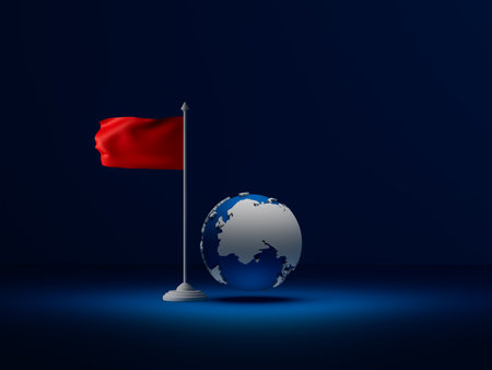 The globe and flag represent the words victory, number one, peak, success, effort.の写真素材