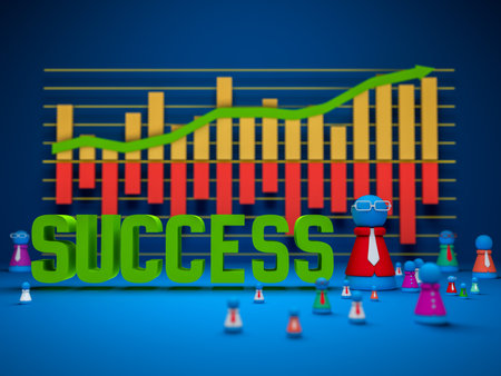 "Success" Word and doll model are placed in front of the income graph. Dolls represent companies or employees of each country.の写真素材
