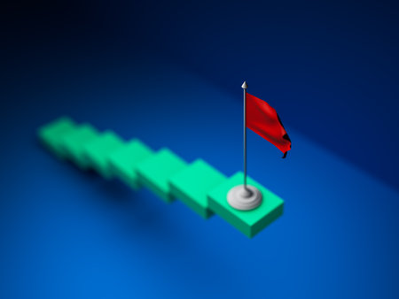 The stairs leading up and a flag placed at the top represent the words victory, number one, highest point, success.の写真素材