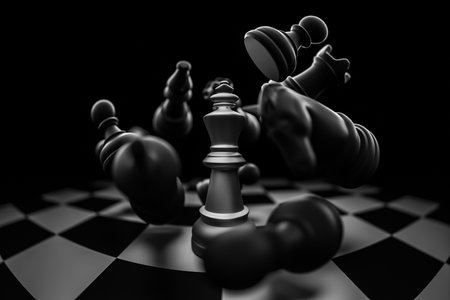 The black chess pieces floating around the white chess king are like winning, losing, fighting, competing.の写真素材
