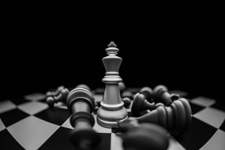 The black chess pieces falling around the white chess king are synonymous with victory, planning, leadership.の写真素材