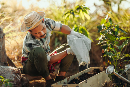 Gardeners pour soil from sacks into long pots before planting.の写真素材