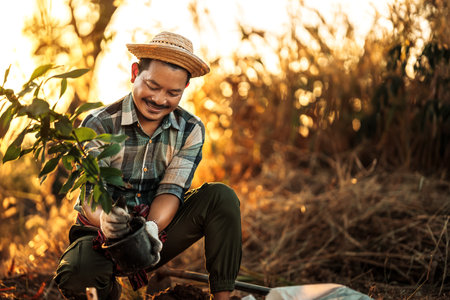 A gardener is planting a mango tree in the garden.の写真素材