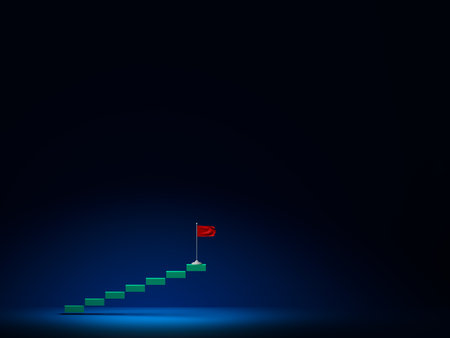 The stairs leading up and a flag placed at the top represent the words victory, number one, highest point, success.の写真素材