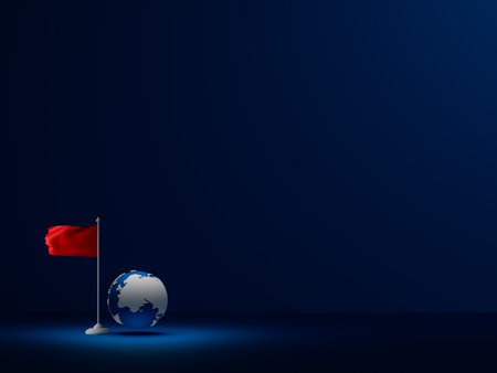 The globe and flag represent the words victory, number one, peak, success, effort.の写真素材