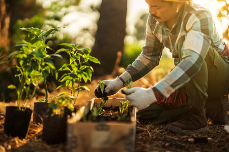 Farmers carry coriander roots to plant in long pots to grow and sell.の写真素材