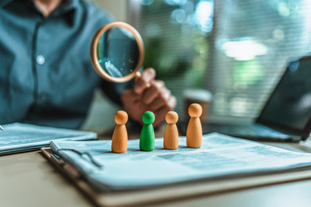 The wooden doll represents the employee of the company and Human Resource use magnifying glass view them on document in workplace. Search or find new job and Corporation, Enterprise concept.の写真素材