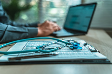 Medical sales report and stethoscope. Medical concept. Medicine, Health, Care and diagnosis concept.の写真素材