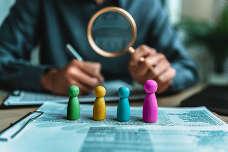 The wooden doll represents the employee of the company and Human Resource use magnifying glass view them on document in workplace. Search or find new job and Corporation, Enterprise concept.の写真素材