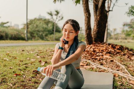A woman dressed in workout clothes is holding a water bottle and wiping sweat from her face during a break from exercising.の写真素材