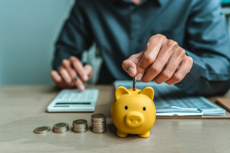 Businessman putting coins saving money with piggy bank and coins on desk. income, deposit, financial planning and investment concept.の写真素材
