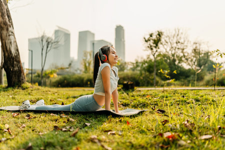 A woman dressed in workout clothes is wearing headphones and listening to music while stretching her muscles before exercising, before running, or after exercising.の写真素材