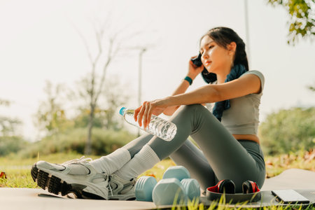A woman dressed in workout clothes is holding a water bottle and wiping sweat from her face during a break from exercising.の写真素材