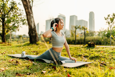 A woman dressed in workout clothes is wearing headphones and listening to music while stretching her muscles before exercising, before running, or after exercising.の写真素材