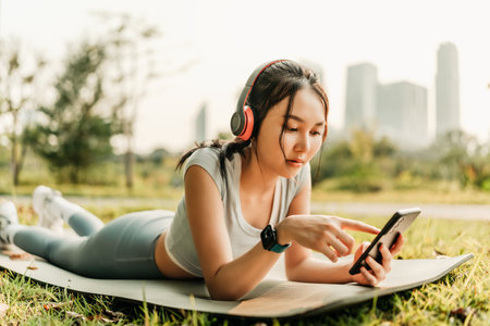 A woman dressed in workout clothes is wearing headphones, listening to music, and using her phone while resting between sets of abdominal exercises.の写真素材