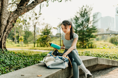 A woman in sportswear sits on a park bench with a duffel bag and water bottle, preparing for an outdoor workout in a green, urban park on a sunny day.の写真素材