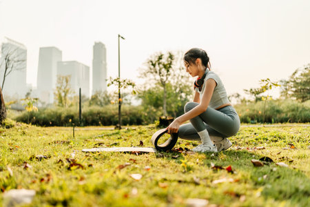 A woman dressed in workout clothes is spreading out a yoga mat to prepare for exercising at the parkの写真素材