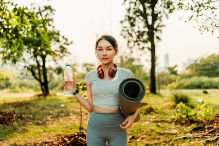 A woman dressed in workout clothes, feeling thirsty, is opening a water bottle during a break from exercising in the park.の写真素材