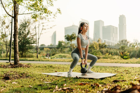 A woman dressed in workout clothes is wearing headphones, listening to music, and performing squats with kettlebell to exercise her legs and glutesの写真素材