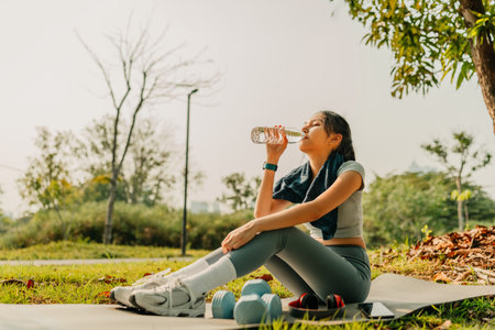 A woman dressed in workout clothes is drinking water during a break from exercising. Sport,...