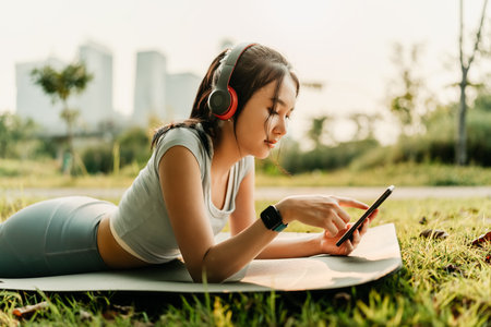 A woman dressed in workout clothes is wearing headphones, listening to music, and using her phone while resting between sets of abdominal exercises.の写真素材