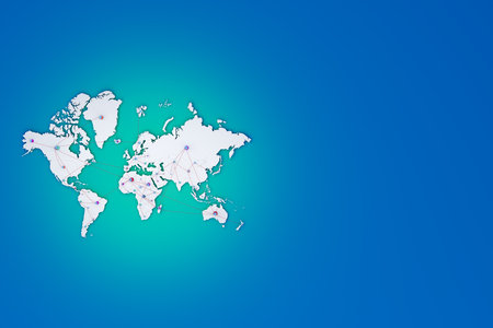 The doll model is placed on a world map. The dolls represent each country's companies or employees connecting or trading with each other.の写真素材