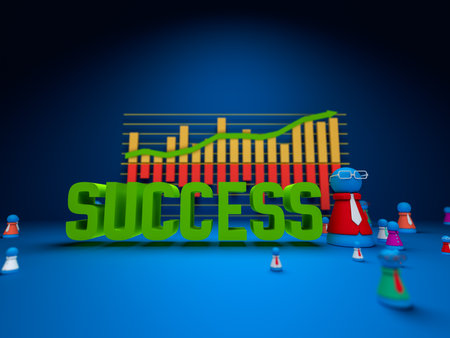 "Success" Word and doll model are placed in front of the income graph. Dolls represent companies or employees of each country.の写真素材