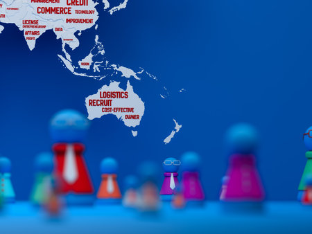 The doll model is placed on a world map. The dolls represent each country's company or organization's employees.の写真素材
