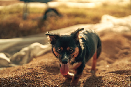 Dog playing on dry rice while Farmer Working at Sunset in Rural Inspired Outdoor Landscape.の写真素材