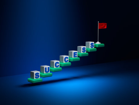 The stairs leading up and a flag placed at the top represent the words victory, number one, highest point, success.の写真素材