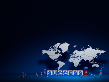 "Success" Word and doll model are placed in front of world map. Dolls represent companies or employees of each country.の写真素材