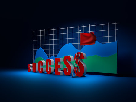 The letters of the word success arranged in steps in front of graph income represent the words victory, being number one, peak, success.の写真素材