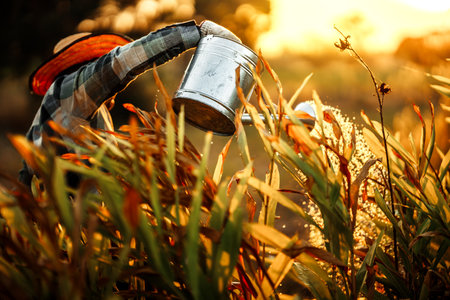 A farmer is watering galangal from a watering can planted in his garden in the evening.の写真素材