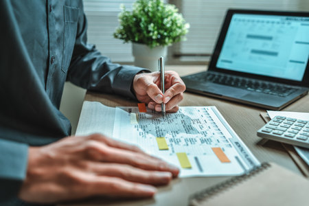 Businessman hand planning daily appointment and note at office desk. Planner plan Schedule Calendar and reminder. Business planning appointment concept.の写真素材