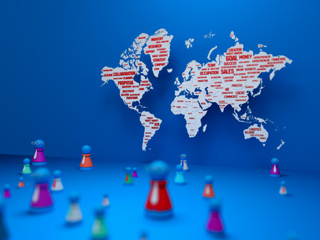 doll model is placed in front of a world map with business vocabulary. Dolls represent companies or employees of each country.の写真素材