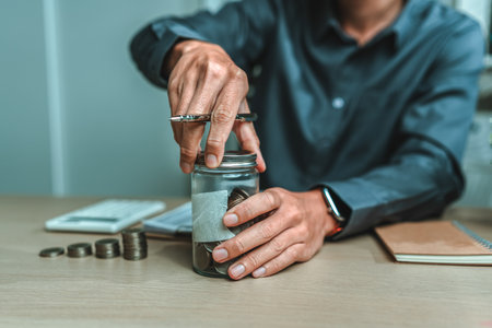 Businessman hands try to open jar coin for saving money. income, deposit, financial planning and investment concept.の写真素材