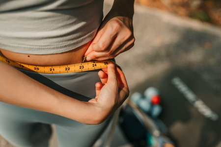 A woman in sportswear measures her waist with a tape measure, tracking fitness progress and body goals, symbolizing health, weight loss, and a commitment to a healthy lifestyle.の写真素材
