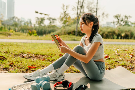 A woman dressed in workout clothes is sitting on a yoga mat, using her tablet with blank screen. headphones, dumbbells and a water bottle on the mat. Exercise concept.の写真素材