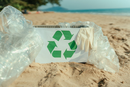 Plastic bottles collected from dirty beaches are held in garbage bags and box for recycling. Clean the seaside.の写真素材