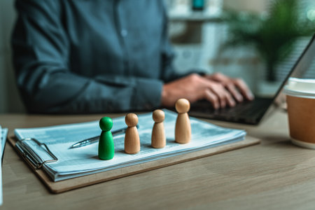 The wooden doll represents the employee of the company line up on business document in workplace and them represents new employee, search job or job career. Corporation, Enterprise concept.の写真素材
