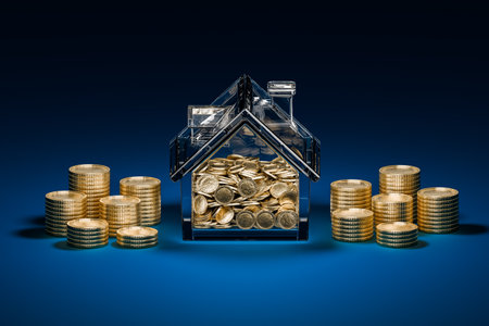 House bank coin and group coin stack on blue background. Save money concept.の写真素材
