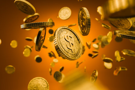 cash gold coin explosion illustration win treasure realistic, game shiny cash gold coin explosion. Money saving concept.の写真素材