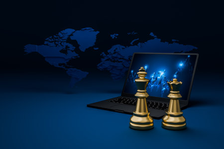Chess, laptop and world map Chess represents corporate leaders and stock charts on laptop screens represent finance.の写真素材
