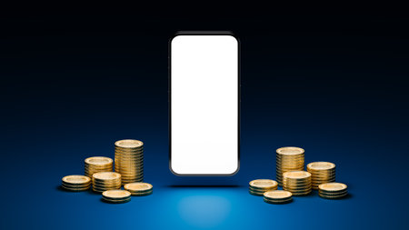 The coins are arranged in groups and mobile phone in the middle and blank white screen.の写真素材