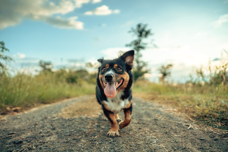 A playful dog enjoys the outdoors, surrounded by tall grass and a serene blue sky, capturing the essence of joy and nature.の写真素材