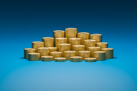 The 3D coins are arranged in groups on blue backgroundの写真素材