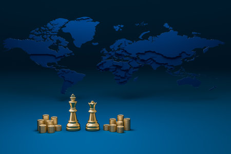 Chess represents corporate leaders and money stack represent finance and world map background represent world wide data.の写真素材