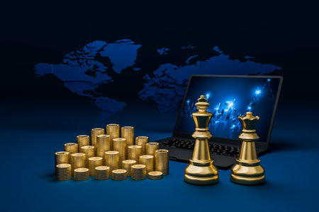 Chess, laptop and world map Chess represents corporate leaders and stock charts on laptop screens represent finance.の写真素材