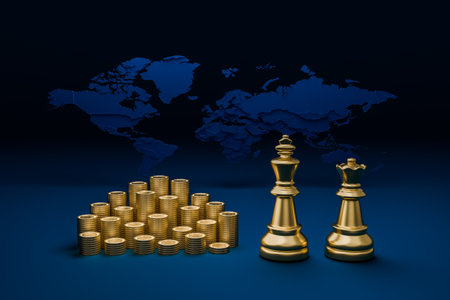 Chess represents corporate leaders and money stack represent finance.の写真素材